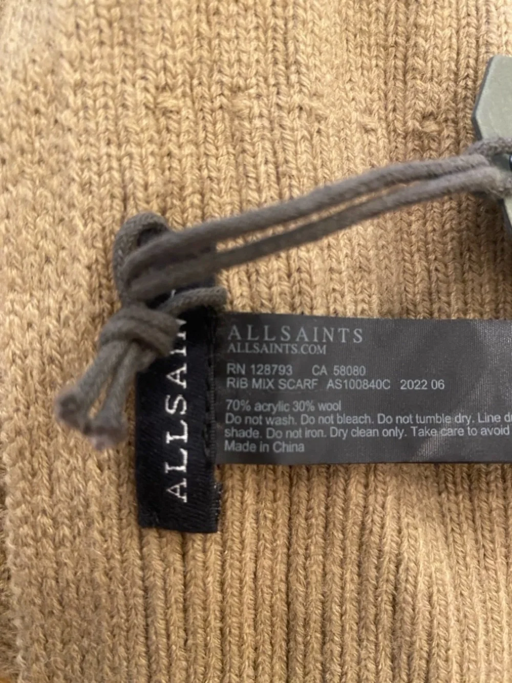 All Saints Tan Ribbed Knit Scarf NEW with tags Unisex